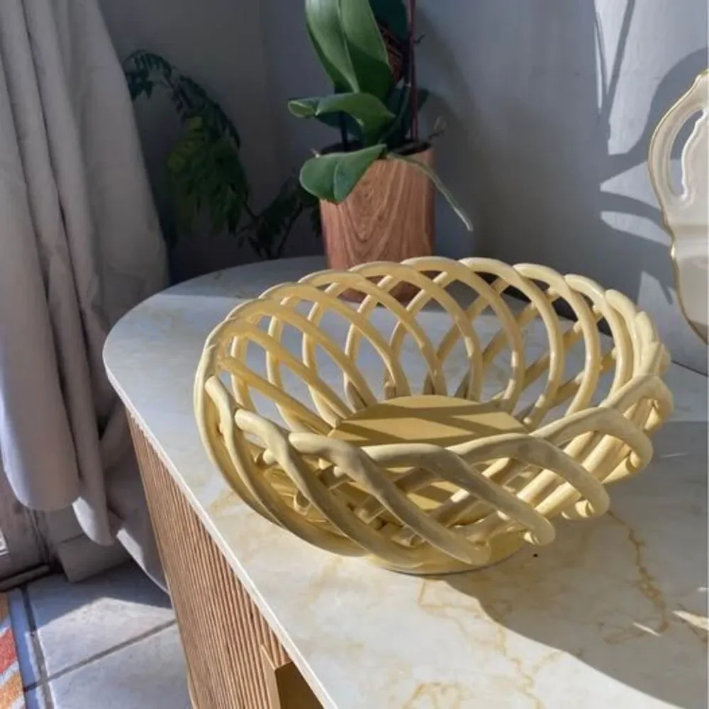Lindsey Jordan Designs Ceramic Basket Bowl Fruit Bowl Centerpiece Yellow Weave